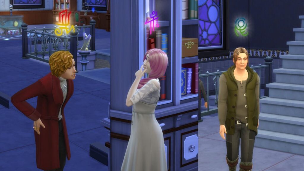A screenshot from The Sims 4 showing the three sages that can turn you into a spellcaster