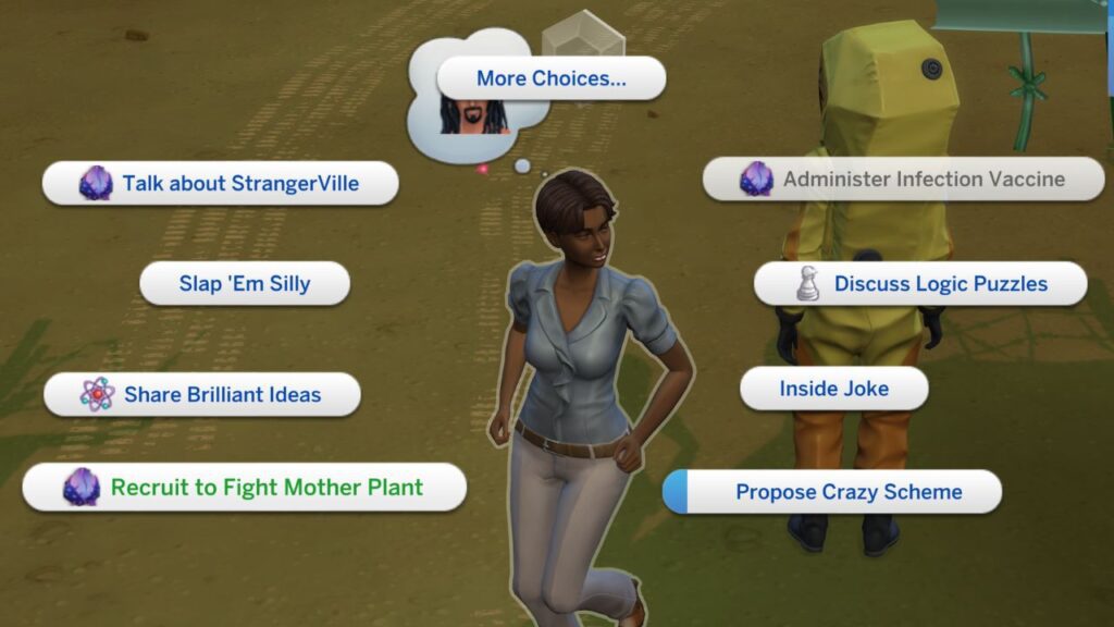 A screenshot from The Sims 4 showing the option to recruit sims to fight the mother plant 
