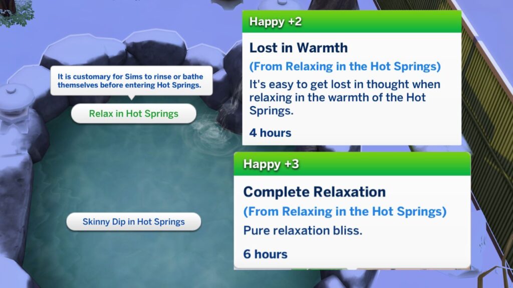 A screenshot from The Sims 4 showing the Complete Relaxation moodlet you get from relaxing in a hot spring