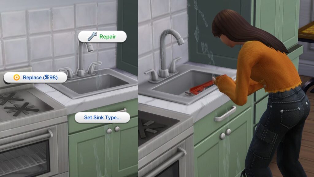 A screenshot from The Sims 4 showing a sim repairing a broken sink