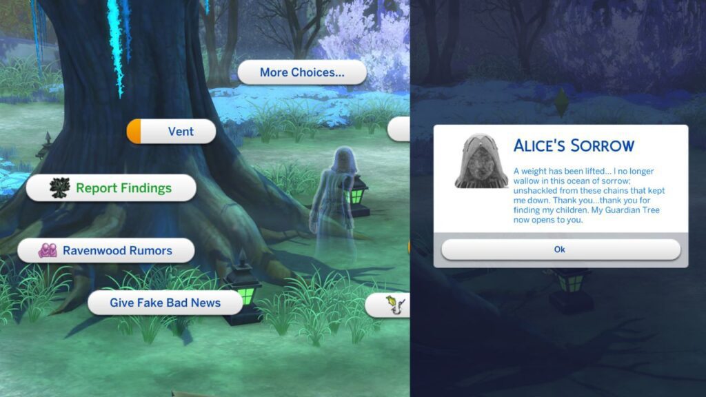 A screenshot from The Sims 4 showing how to report findings to Alice.