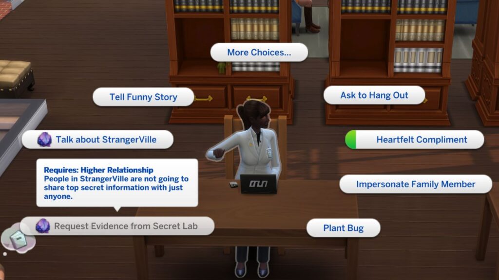 A screenshot from The Sims 4 showing how to request evidence from scientists 