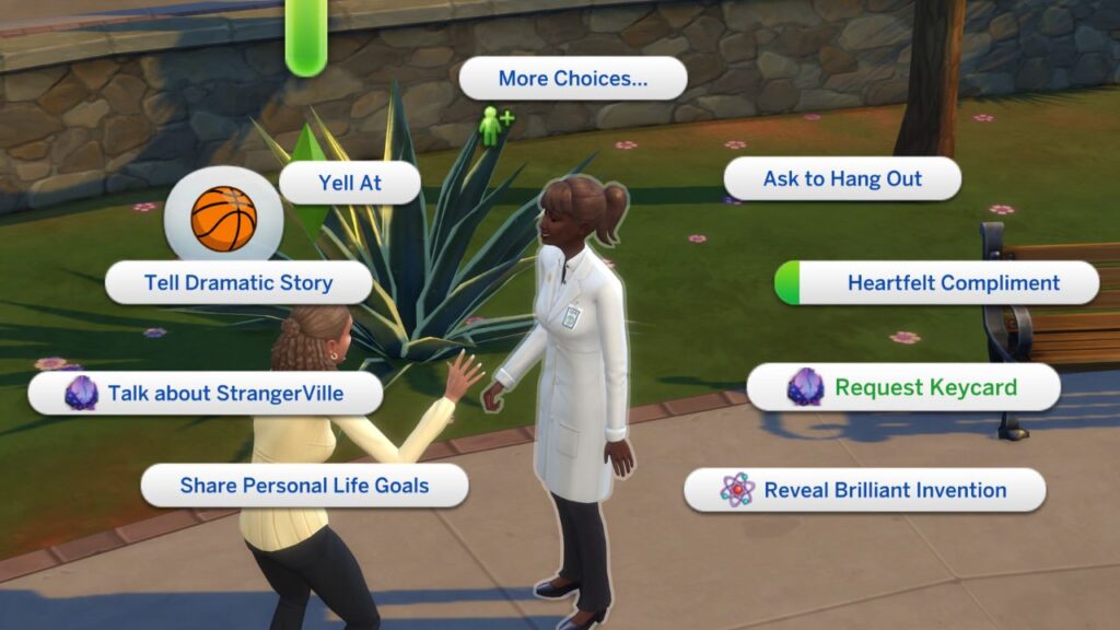 A screenshot from The Sims 4 showing how you can request a keycard from a scientist 