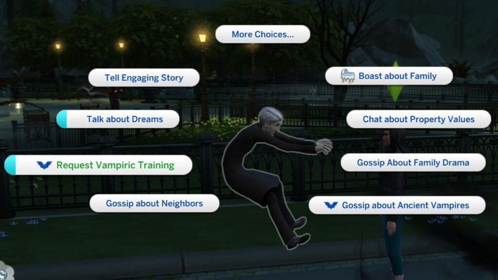 A screenshot from The Sims 4 showing how to get vampire training