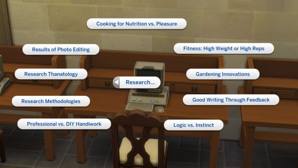 A screenshot from The Sims 4 showing the research options on an archive machine