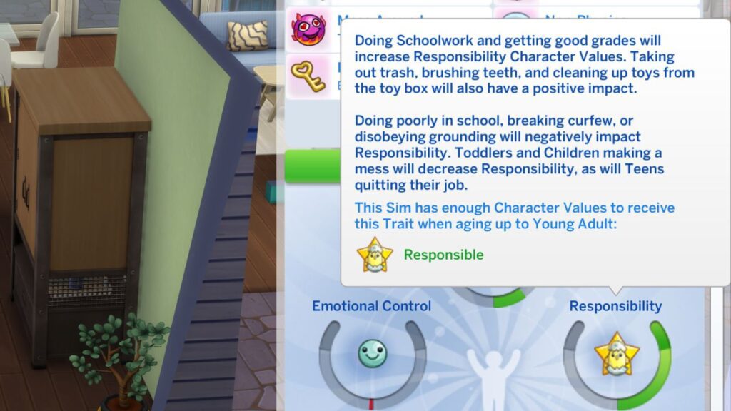 A screenshot from The Sims 4 showing a child who is in range for a character value trait