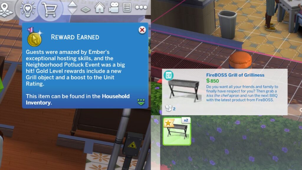 a screenshot from the sims 4 showing the reward you get from a neighborhood potluck
