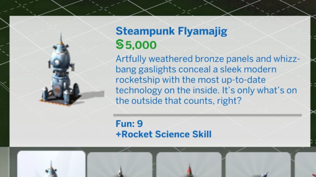 A screenshot from The Sims 4 showing the build mode listing for a rocket ship
