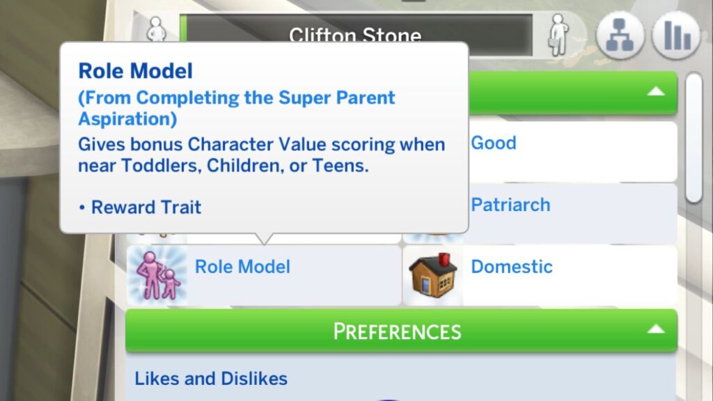 A screenshot from The Sims 4 showing the role model reward trait you get from the super parent aspiration