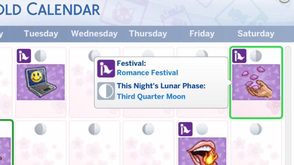 A screenshot from The Sims 4 showing a household calendar with the romance festival highlighted