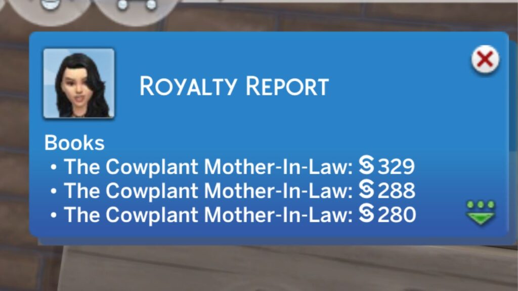 A screenshot from The Sims 4 showing a sim's royalties from publishing books