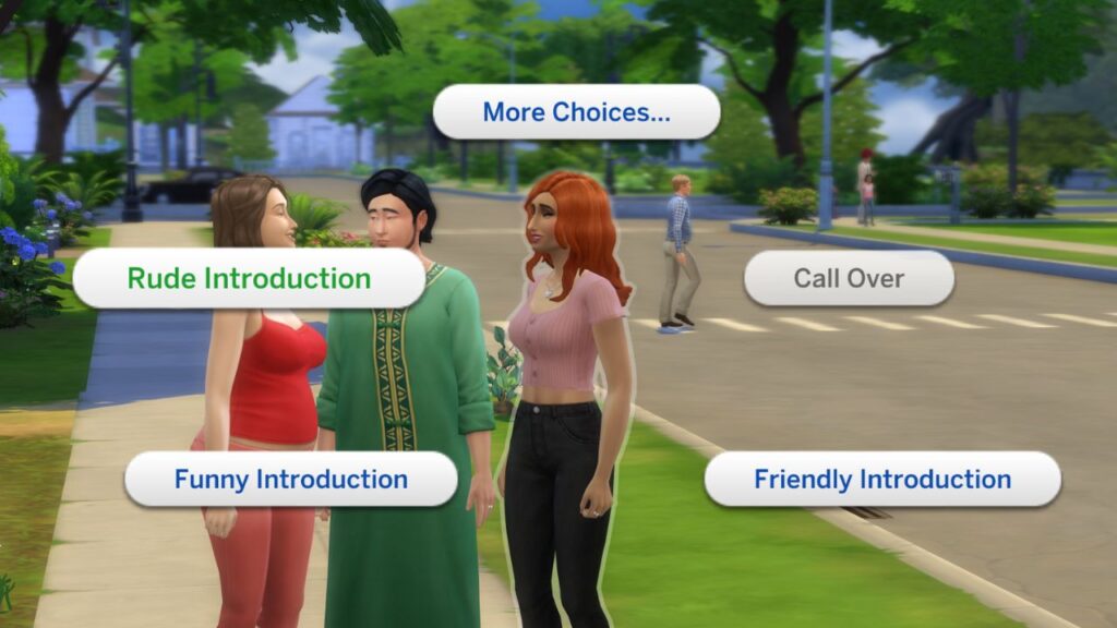 A screenshot from The Sims 4 of the introduction menu with rude highlighted 