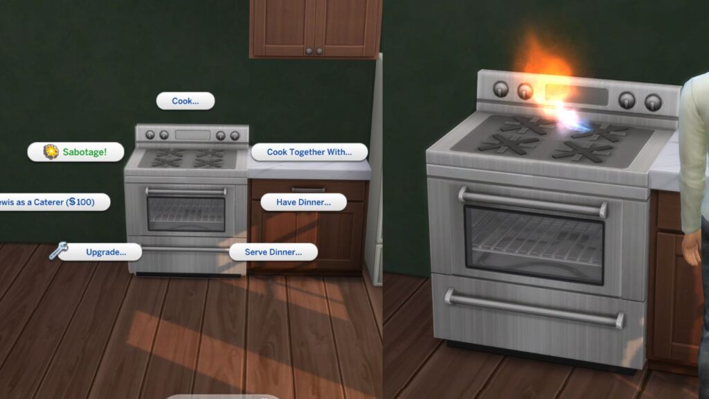 A screenshot from The Sims 4 showing the sabotage option on a stove and then the broken stove