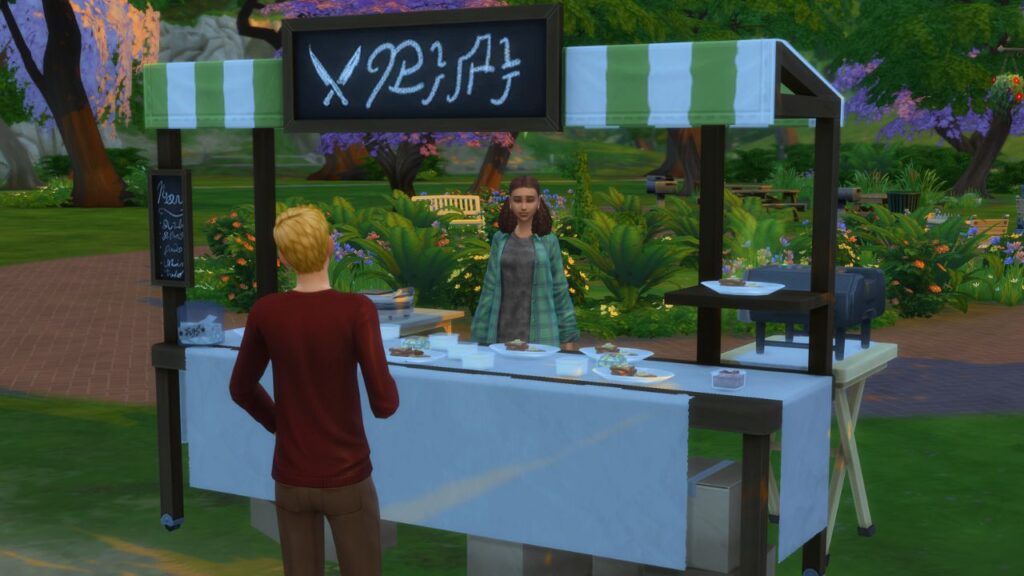 A screenshot from The Sims 4 showing a sim doing a food market in a park