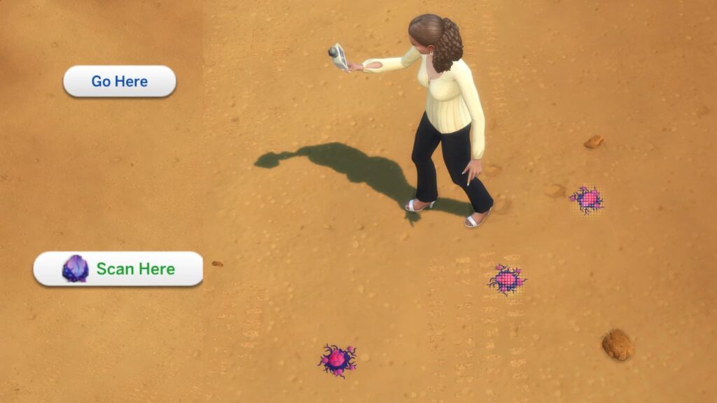 A screenshot from The Sims 4 showing the option to scan the ground to get spore clusters