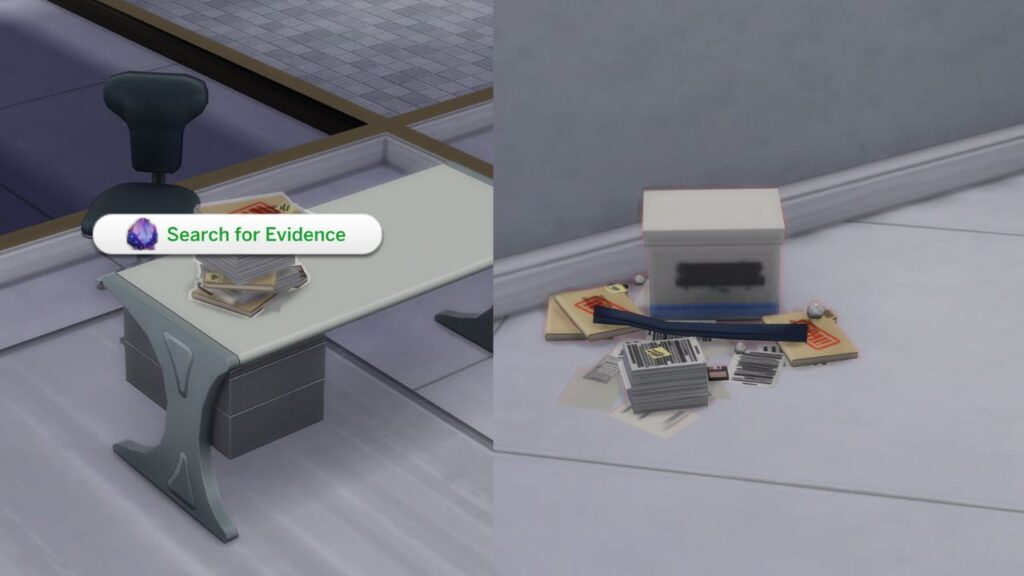 A screenshot from The Sims 4 showing how to search for evidence in the secret lab