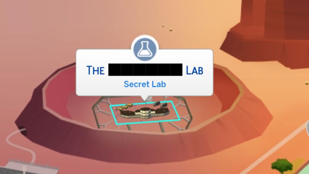 A screenshot from The Sims 4 showing the location of the secret lab inside of the crater