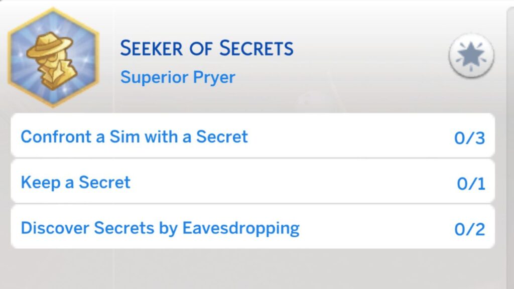 A screenshot from The Sims 4 showing the second stage of the seeker of secrets aspiration