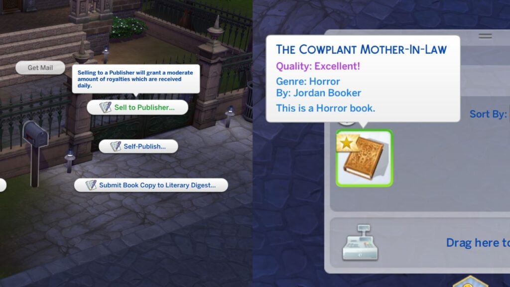 A screenshot from The Sims 4 showing how to sell to publisher and an excellent quality book in a sim's inventory