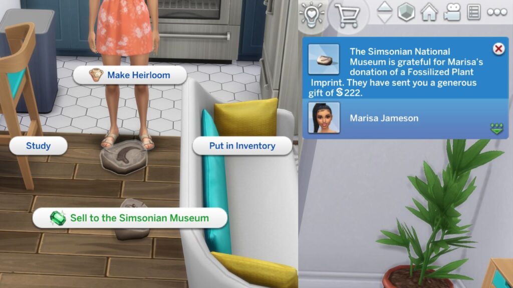 A screenshot from The Sims 4 showing a sim selling a fossil to the simsonian museum and being paid for it with the appraiser trait