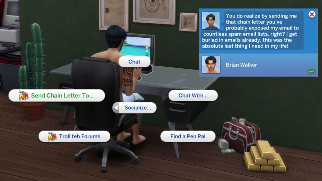 A screenshot from The Sims 4 showing the option to send a chain letter to another sim. In the top right corner you can see the sim's response to the chain letter too.