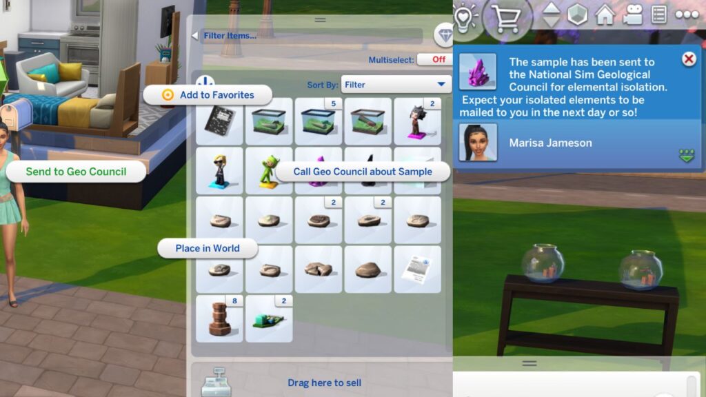 A screenshot from The Sims 4 showing how to send a crystal to the geo council to get an element back