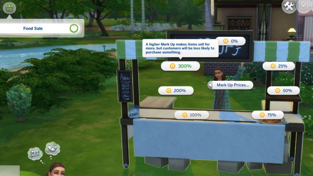 A screenshot from The Sims 4 showing how to increase prices at a food market