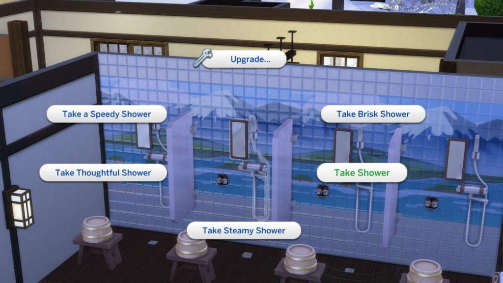 A screenshot from The Sims 4 showing the option to take a shower at the bath house