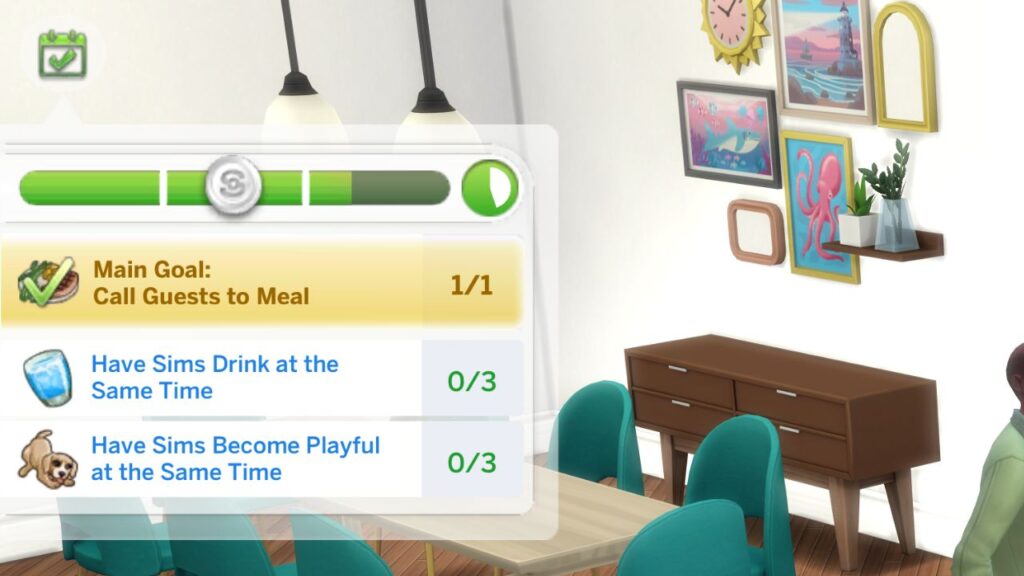 A screenshot from The Sims 4 showing a silver scored dinner party