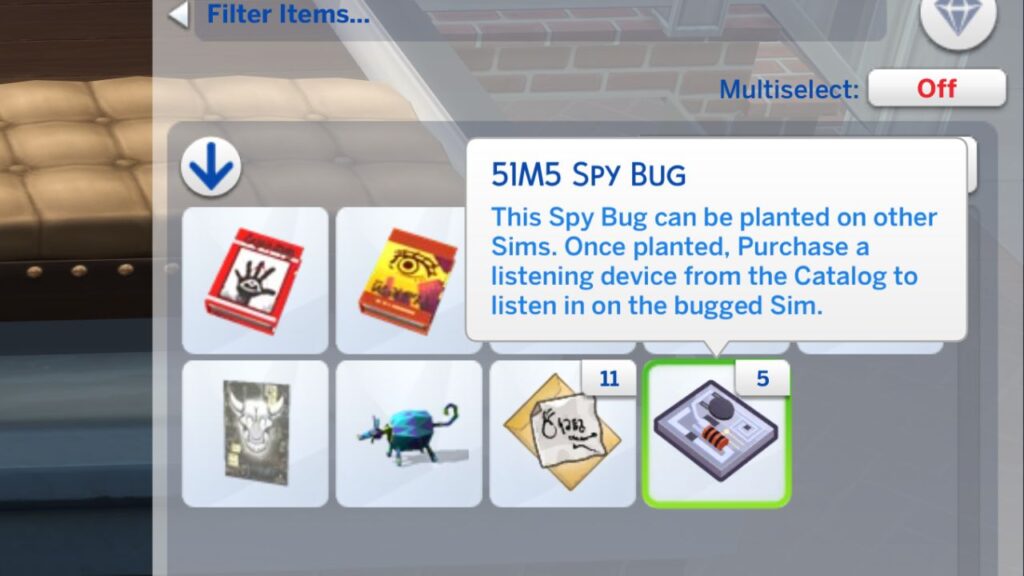 A screenshot from The Sims 4 showing a sim's inventory with 5 pieces of the 51M5 Sky Bugs 