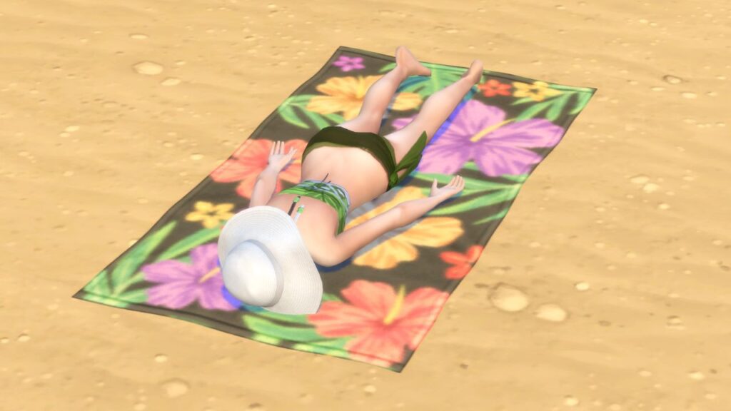 A screenshot from The Sims 4 showing a sim sunbathing on a towel