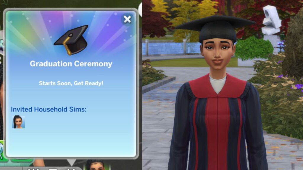 A screenshot from The Sims 4 showing a sim in their cap and gown for graduation