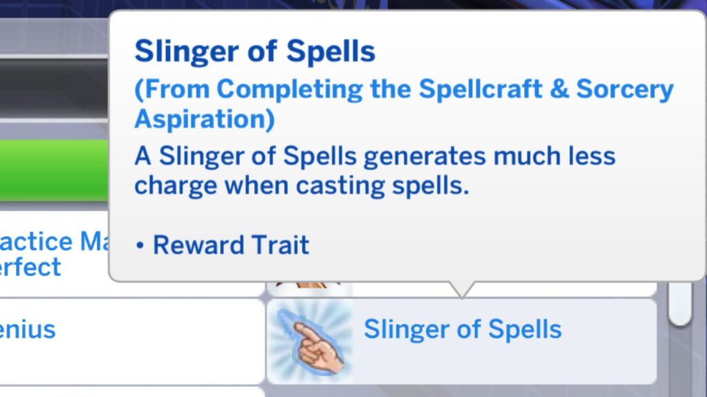 A screenshot from The Sims 4 showing the slinger of spells reward trait that you get from the spellcraft & sorcery aspiration