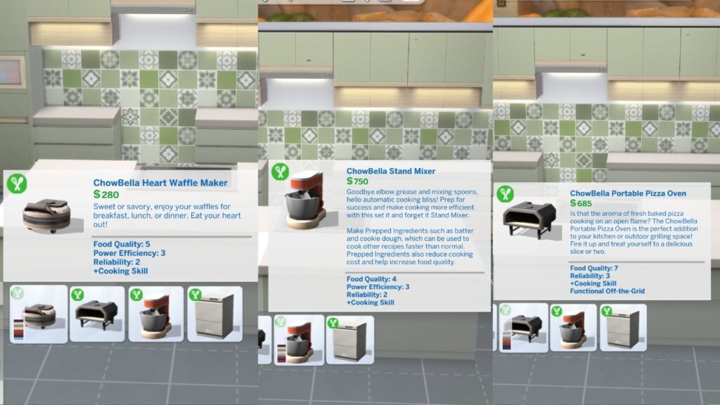 A screenshot from The Sims 4 showing the small kitchen appliances you can purchase