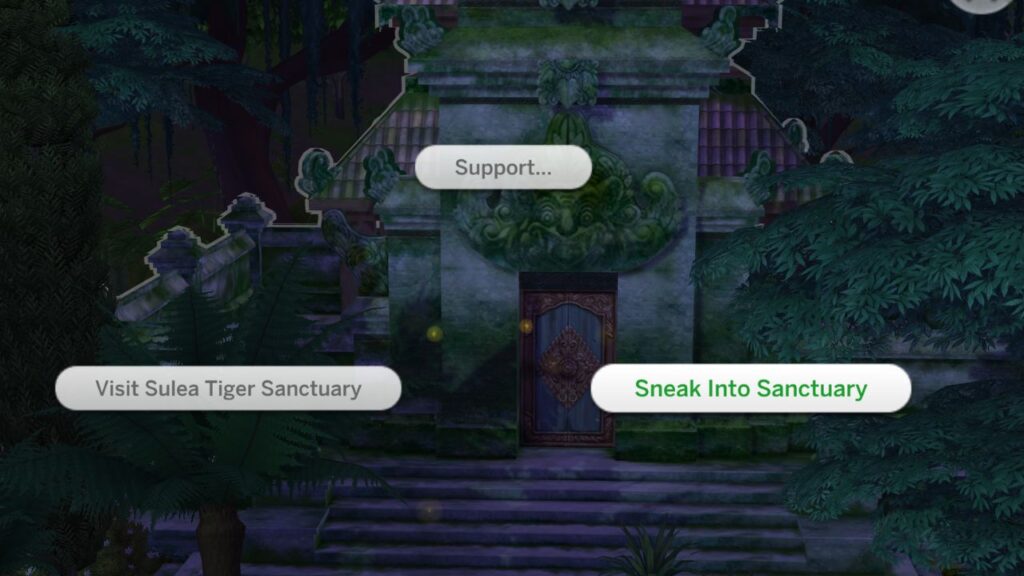 A screenshot from The Sims 4 showing the Sulea Tiger Sanctuary and the Sneak into Sanctuary option it highlighted