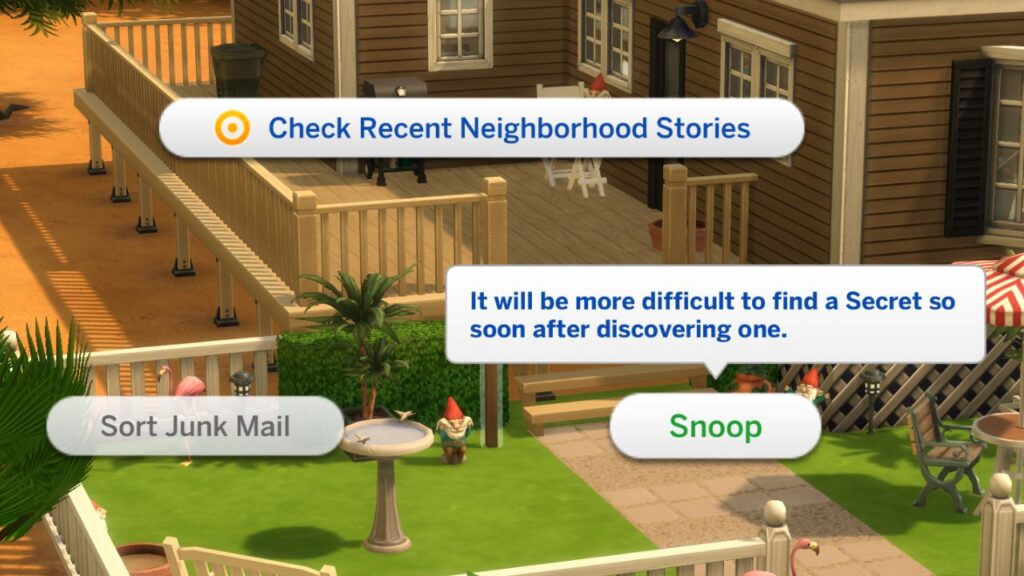 A screenshot from The Sims 4 showing the option to snoop on a sim's mailbox 