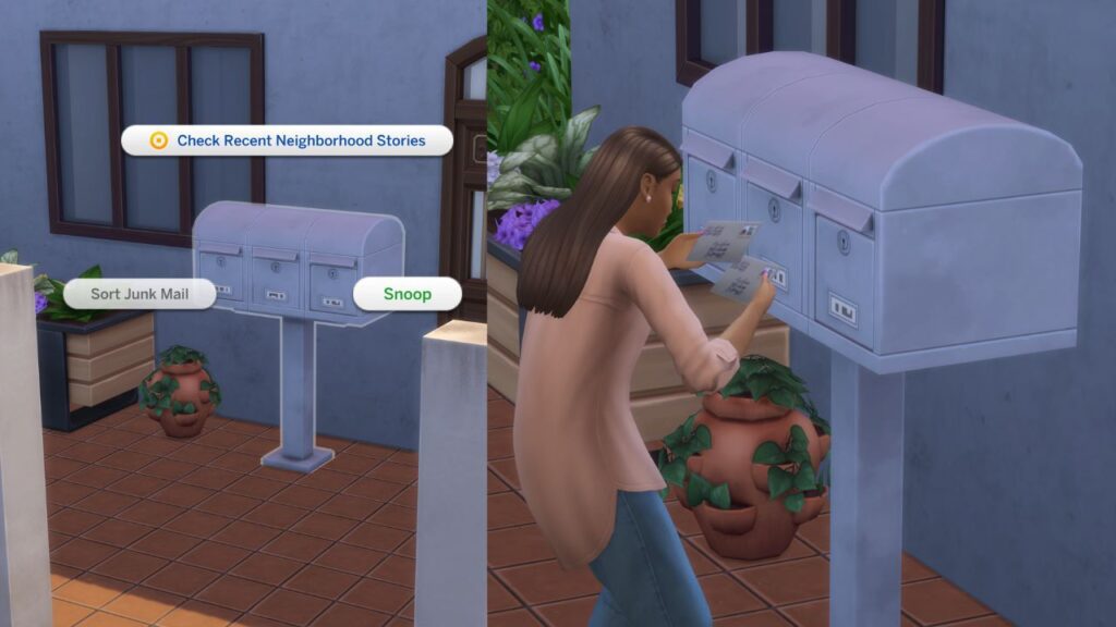 A screenshot from The Sims 4 of a sim snooping at a mailbox