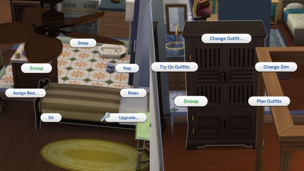 A screenshot from The Sims 4 showing the option to snoop on a bed or snoop on a dresser 