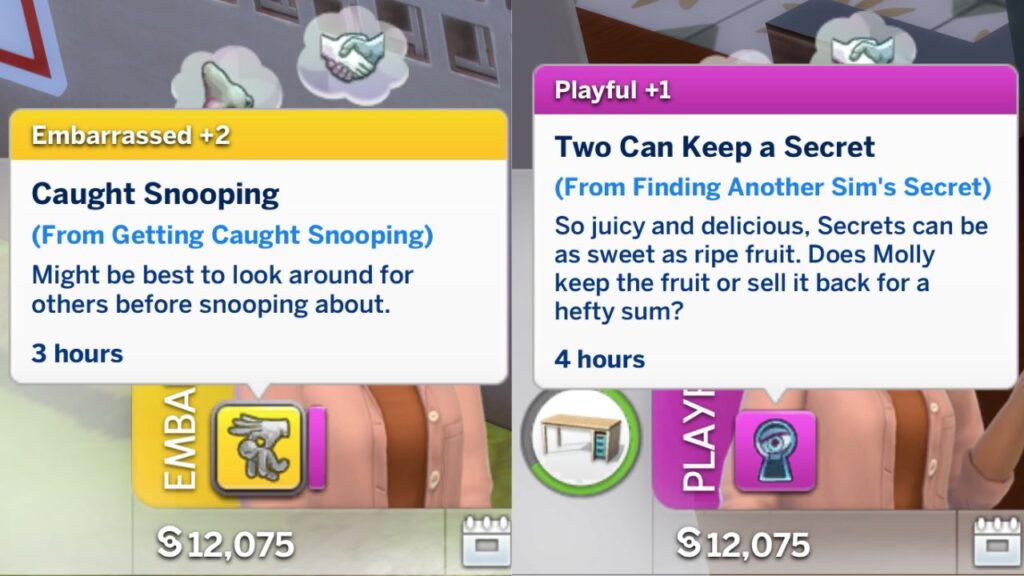 A screenshot from The Sims 4 showing the moodlets sims get when they are in the seeker of the secrets aspiration