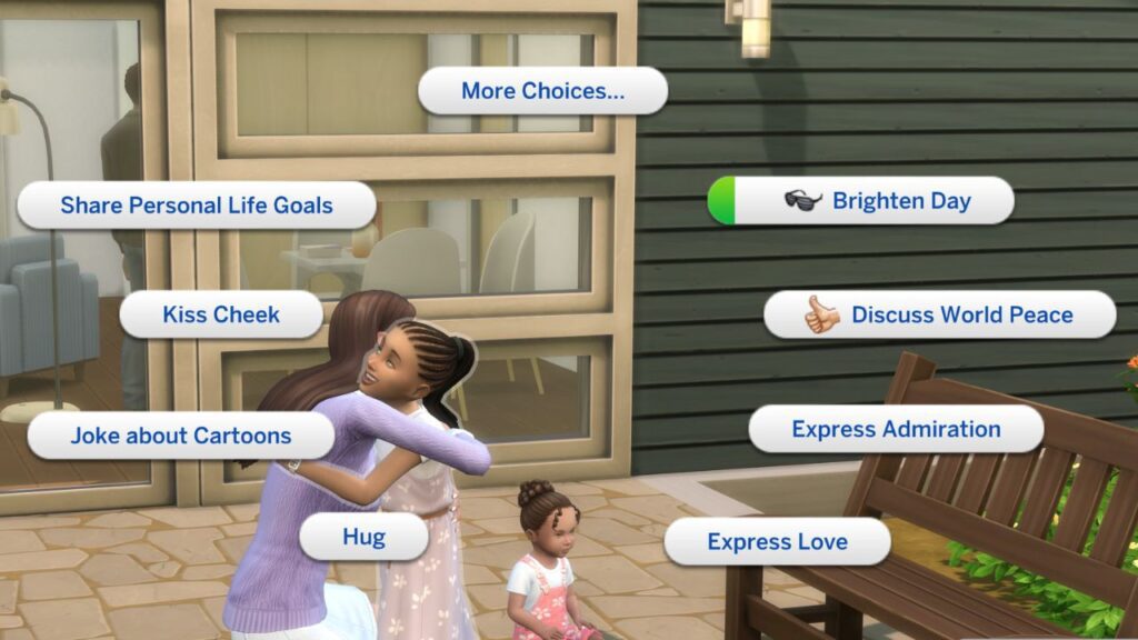 A screenshot from The Sims 4 showing friendly interactions with a sim's child