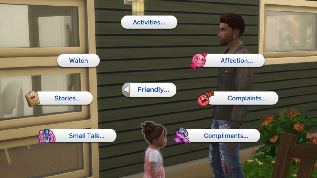 A screenshot from the sims 4 showing the social menu between a parent and toddler