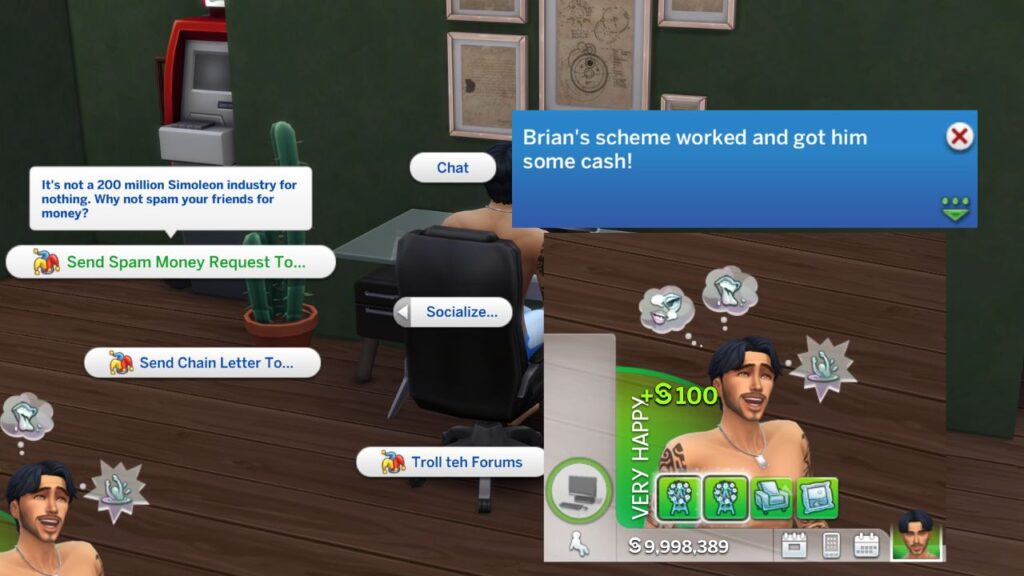 A screenshot from The Sims 4 showing the option to send spam money requests on the computer