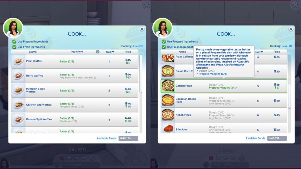 A screenshot from The Sims 4 showing how to use prepped ingredients to cook pizza or waffles