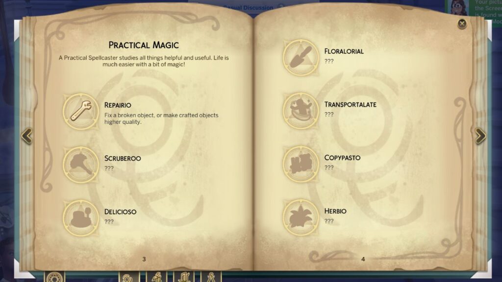 A screenshot from The Sims 4 showing a spellbook with the Repario Spell learned