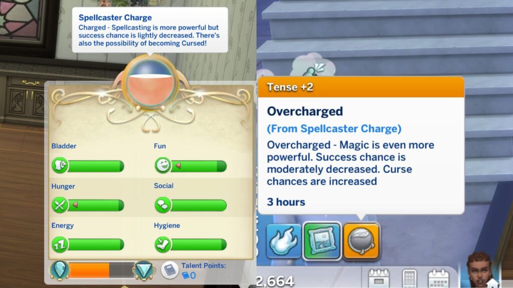 A screenshot from The Sims 4 showing the spellcaster charge being full and the tense moodlet you get when you reach it too high