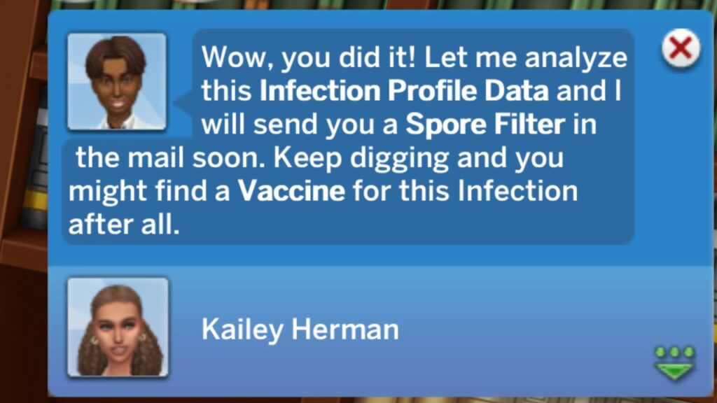 A screenshot from The Sims 4 showing the notification you get when asking a scientist to craft a spore filter 