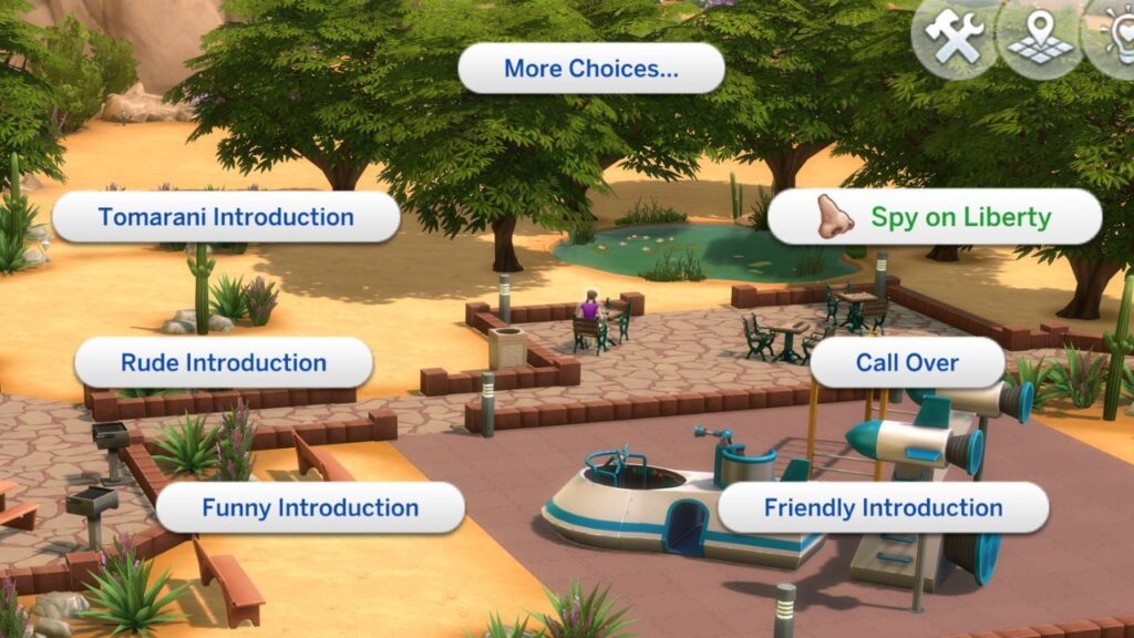 A screenshot from The Sims 4 showing the nosy option to spy on sims