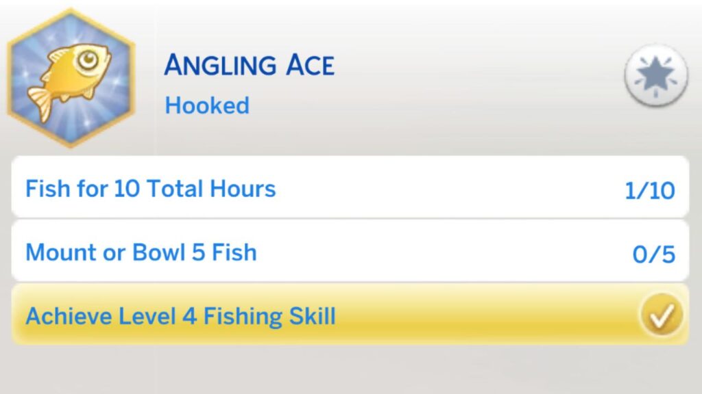 A screenshot from The Sims 4 showing the second stage of the angling ace aspiration