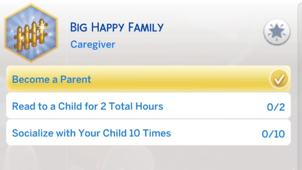 A screenshot from the sims 4 showing the second stage of the big happy family aspiration