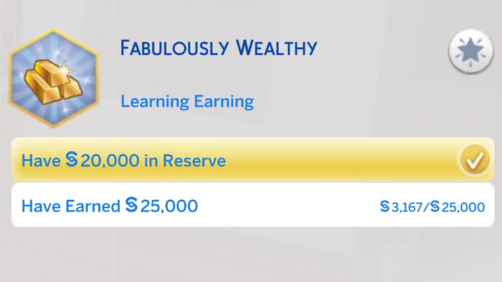 A screenshot from The Sims 4 showing the second stage of the fabulously wealthy aspiration